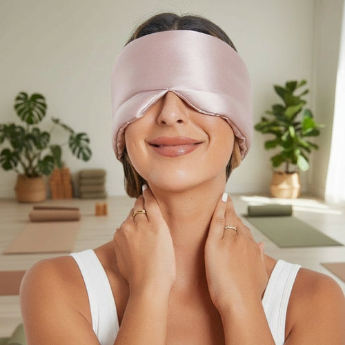 Woman wearing the pastel pink SilkRest silk sleep mask