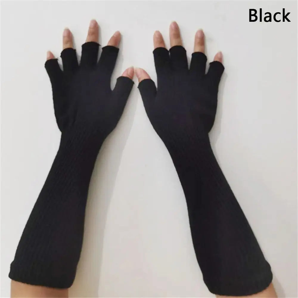 Long black fingerless gloves, Midnight Comfort colour