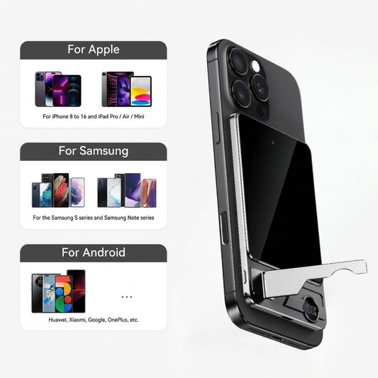 StandUp Power Bank attached magnetically to the back of a phone, works with Apple, Samsung and Android
