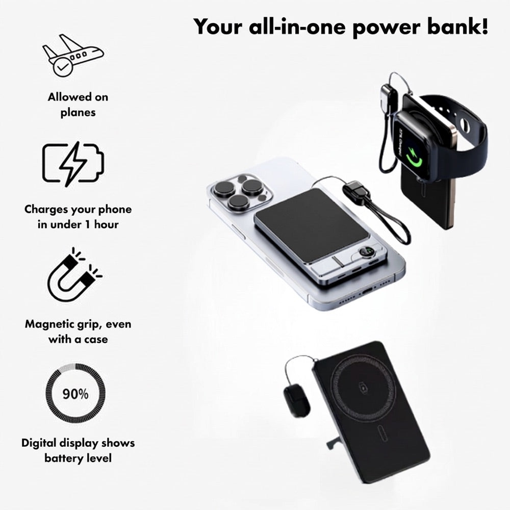 StandUp Power Bank charging a phone and a smartwatch, allowed on planes, with digital battery display