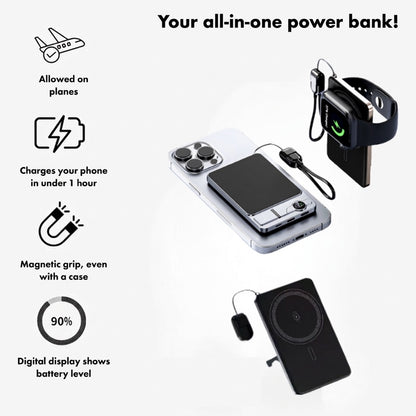StandUp Power Bank charging a phone and a smartwatch, allowed on planes, with digital battery display