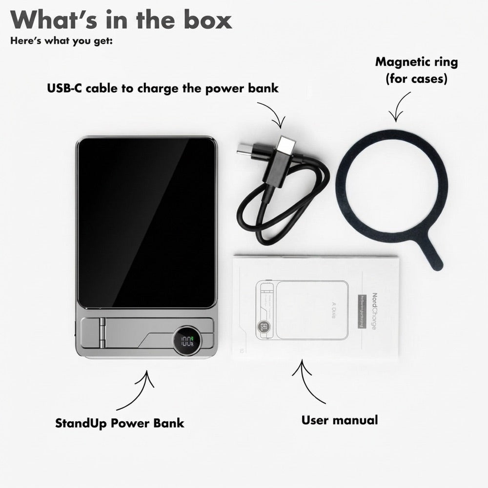 What's in the box: StandUp Power Bank, USB-C cable, magnetic ring and user manual