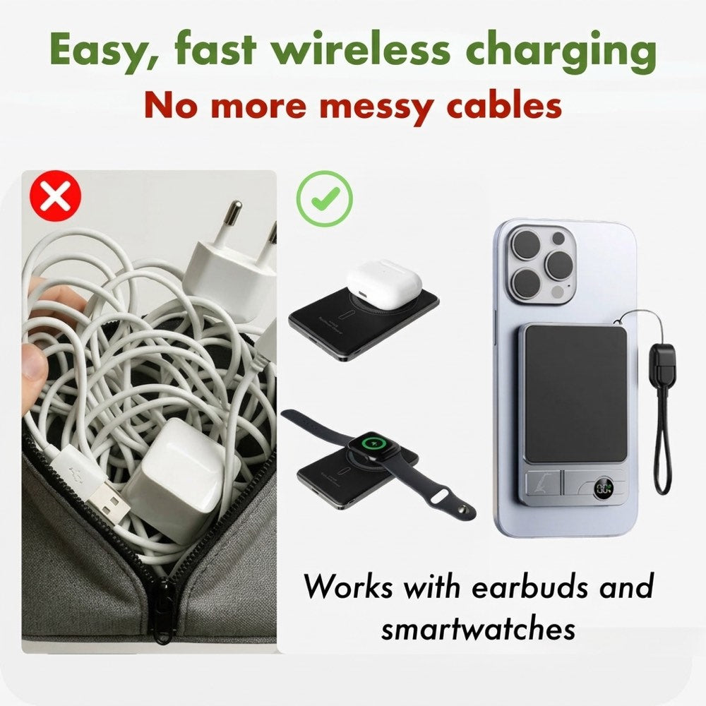 Wireless charging with the StandUp Power Bank instead of messy cables