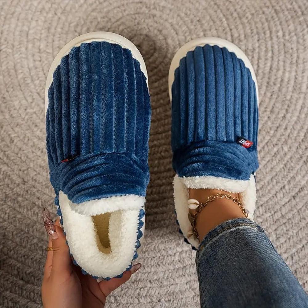 Blue WarmStep winter slippers seen from above