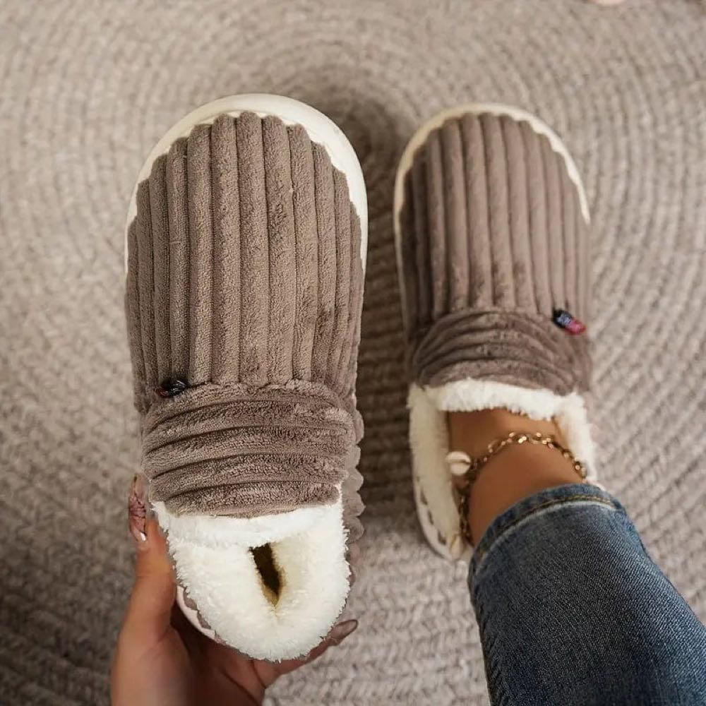 Brown WarmStep winter slippers seen from above